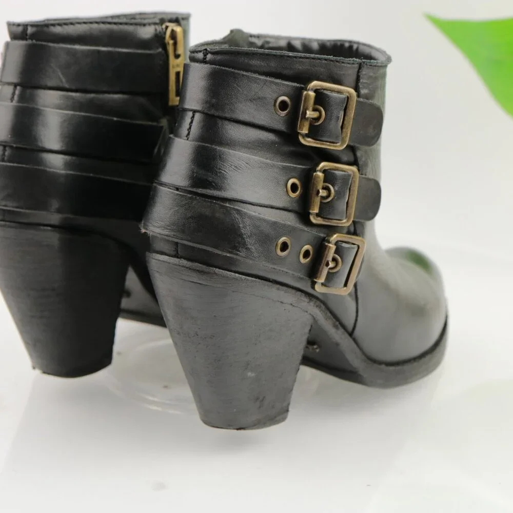 SCHUTZ Womens Sher Boots Size 6.5 Black Leather Triple Buckle Block Heel Booties